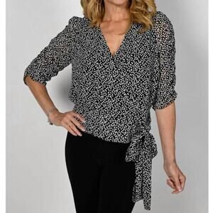 Frank Lyman Size 2 Polka Dot Side Tie Wrap Top Blouse Black White